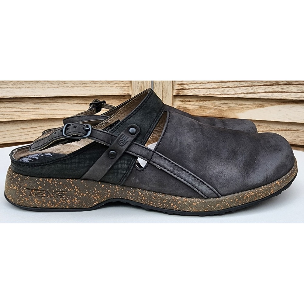Teva Sz 8.5 Black Leather Slingback Clogs Mules Comfort Casual Scandinavian